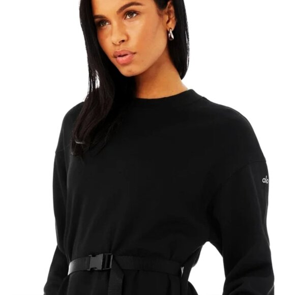 Alo Cityscape Sweatshirt Dress Black Belted Belt Edgy Long Sleeve Sweater Mini - Picture 5 of 15